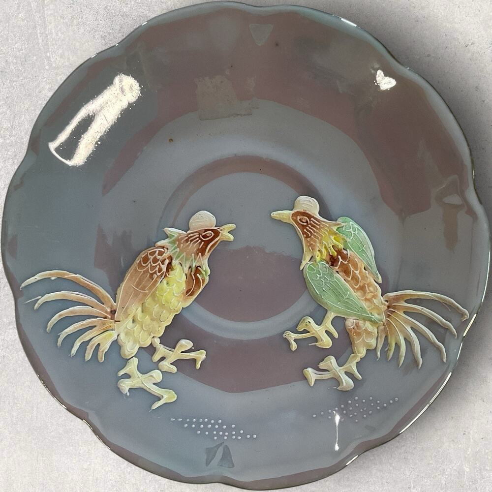 Vintage Shafford Japan Moriage Rooster Saucer Gray Lusterware Gold Trim